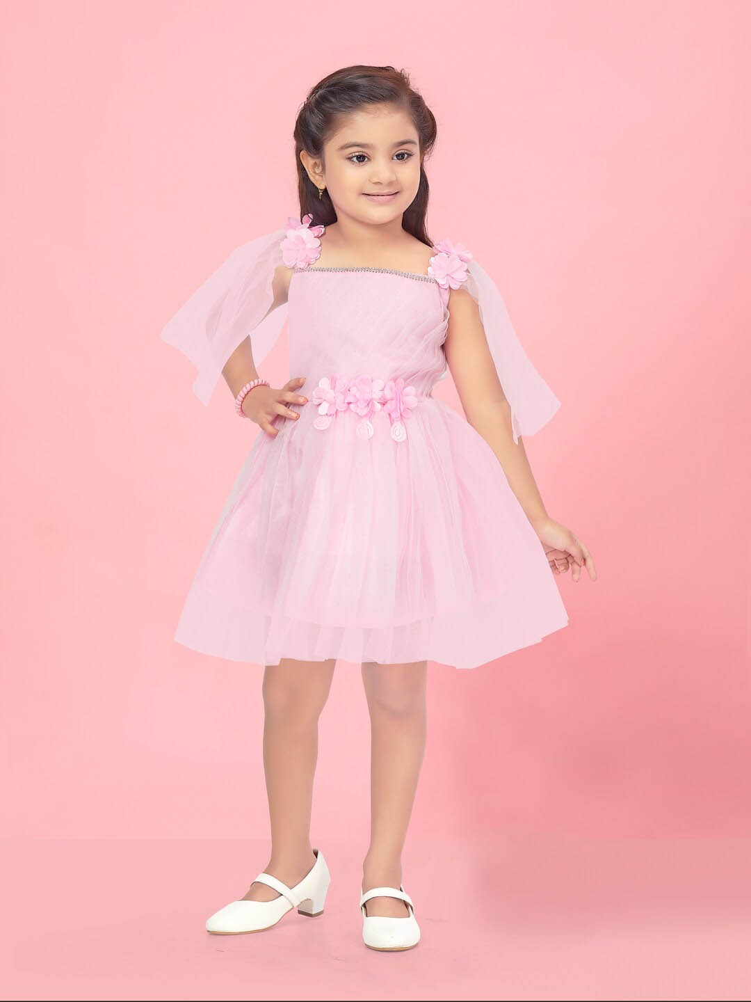 

Aarika Girls Cape Sleeves Net Fit & Flare Dress, Pink