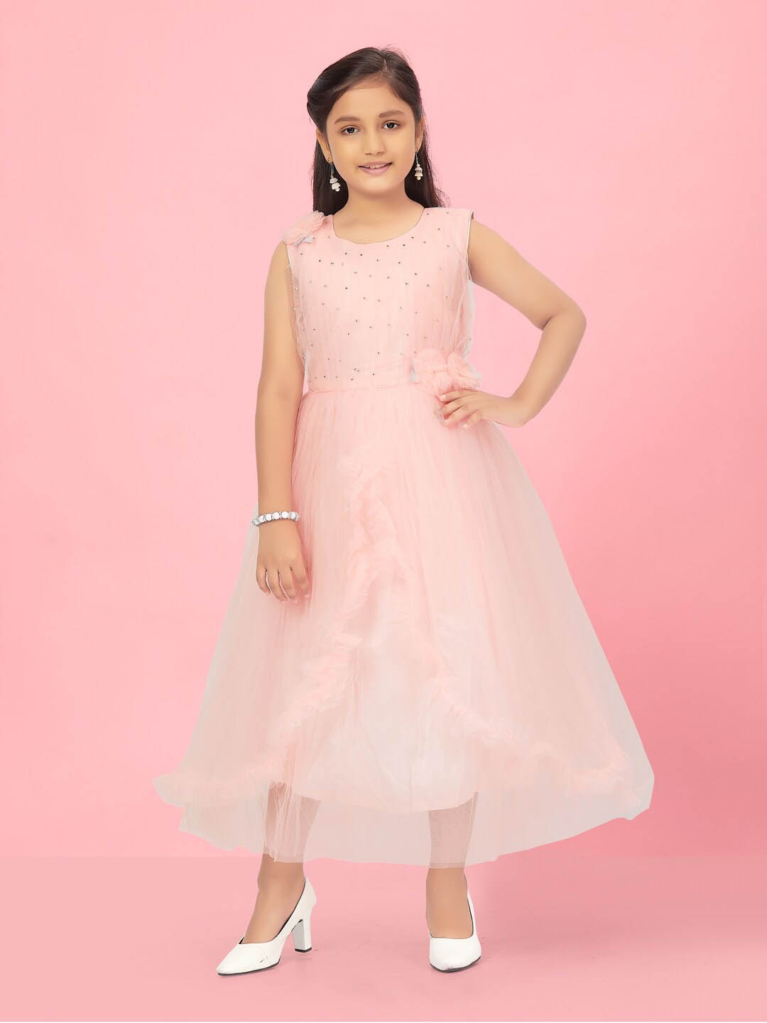 

Aarika Girls Embellished Sleeveless Net Fit & Flare Midi Dress, Peach