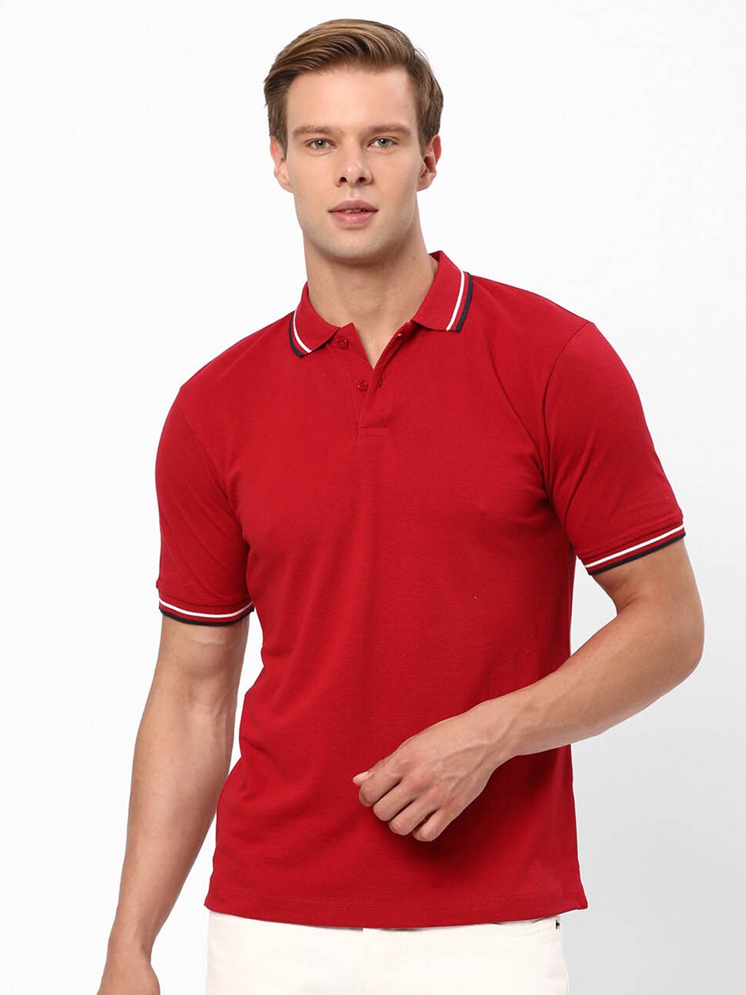

R&B Polo Collar Cotton T-shirt, Red