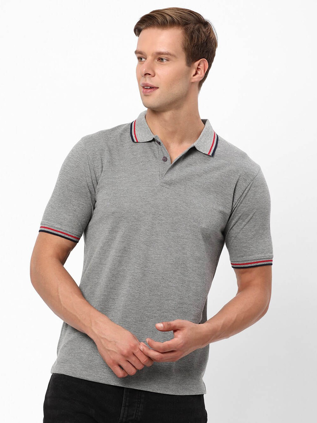 

R&B Polo Collar Cotton T-shirt, Grey