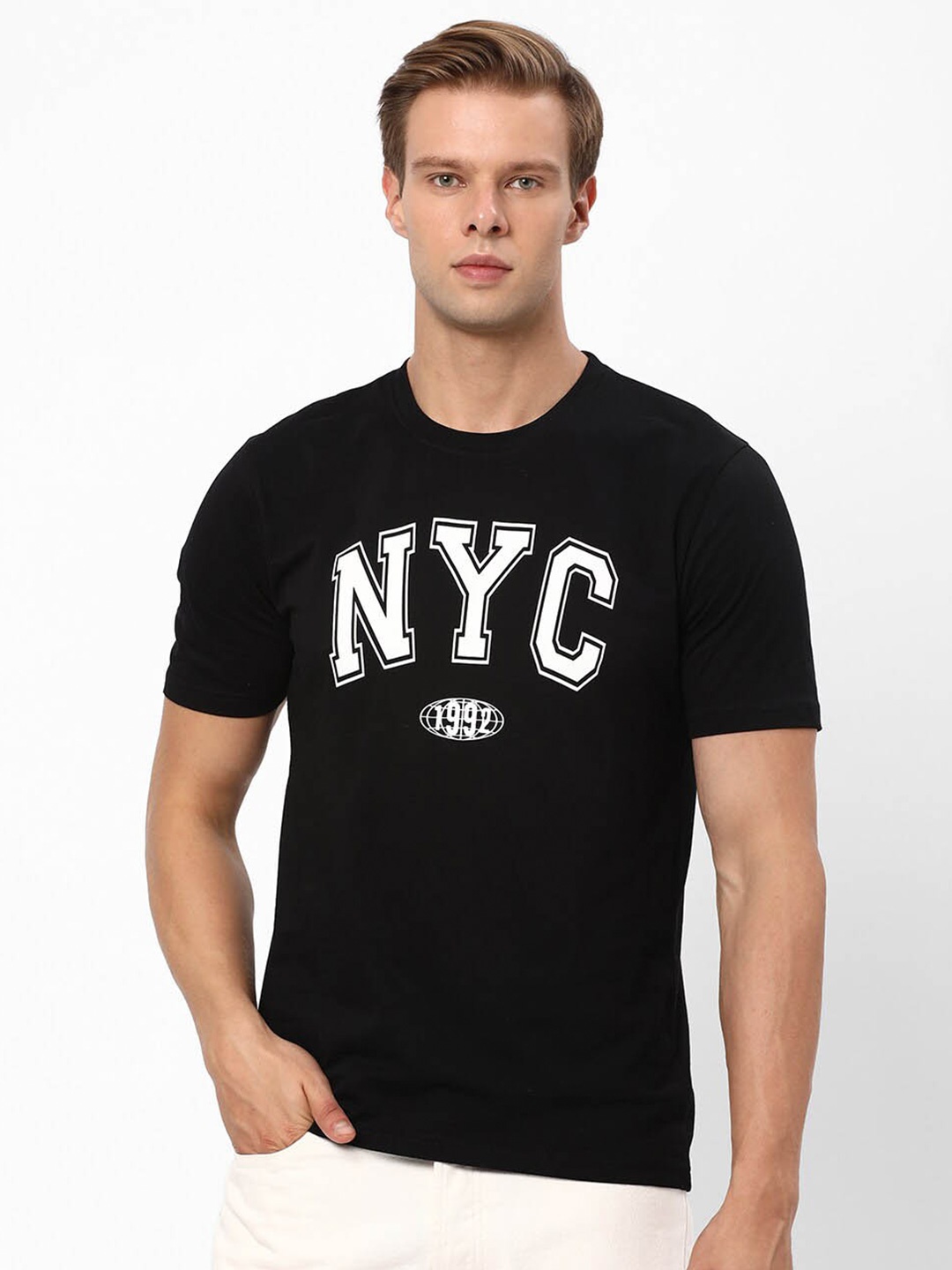 

R&B Typography Printed Cotton T-shirt, Black
