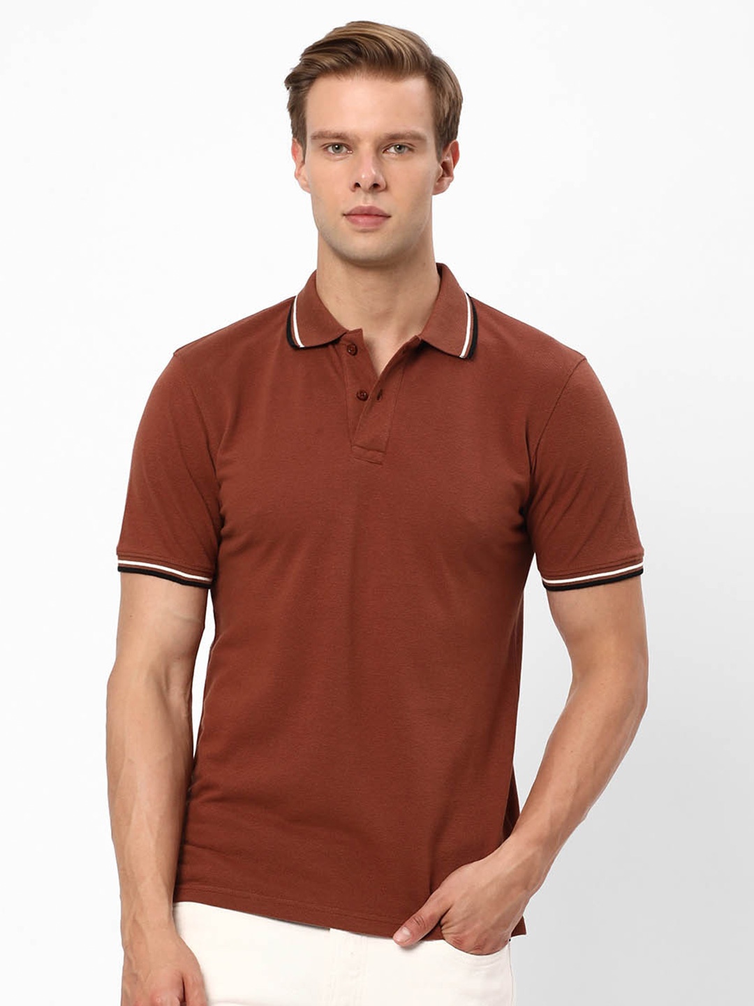 

R&B Polo Collar Cotton T-shirt, Brown