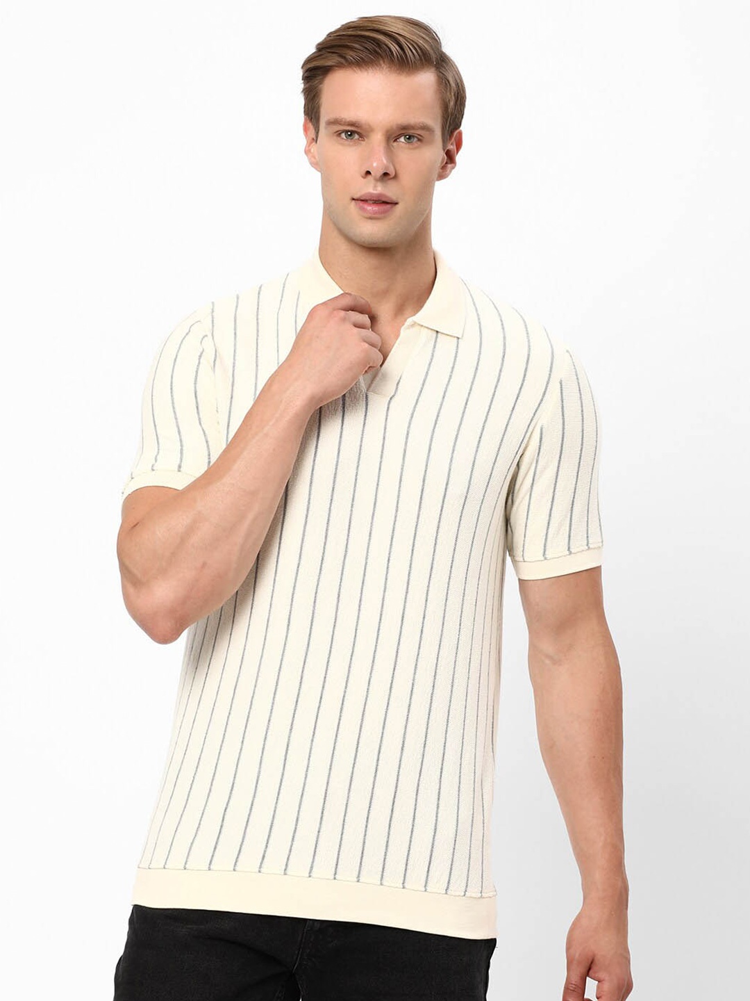 

R&B Striped Polo Collar Cotton T-shirt, Beige