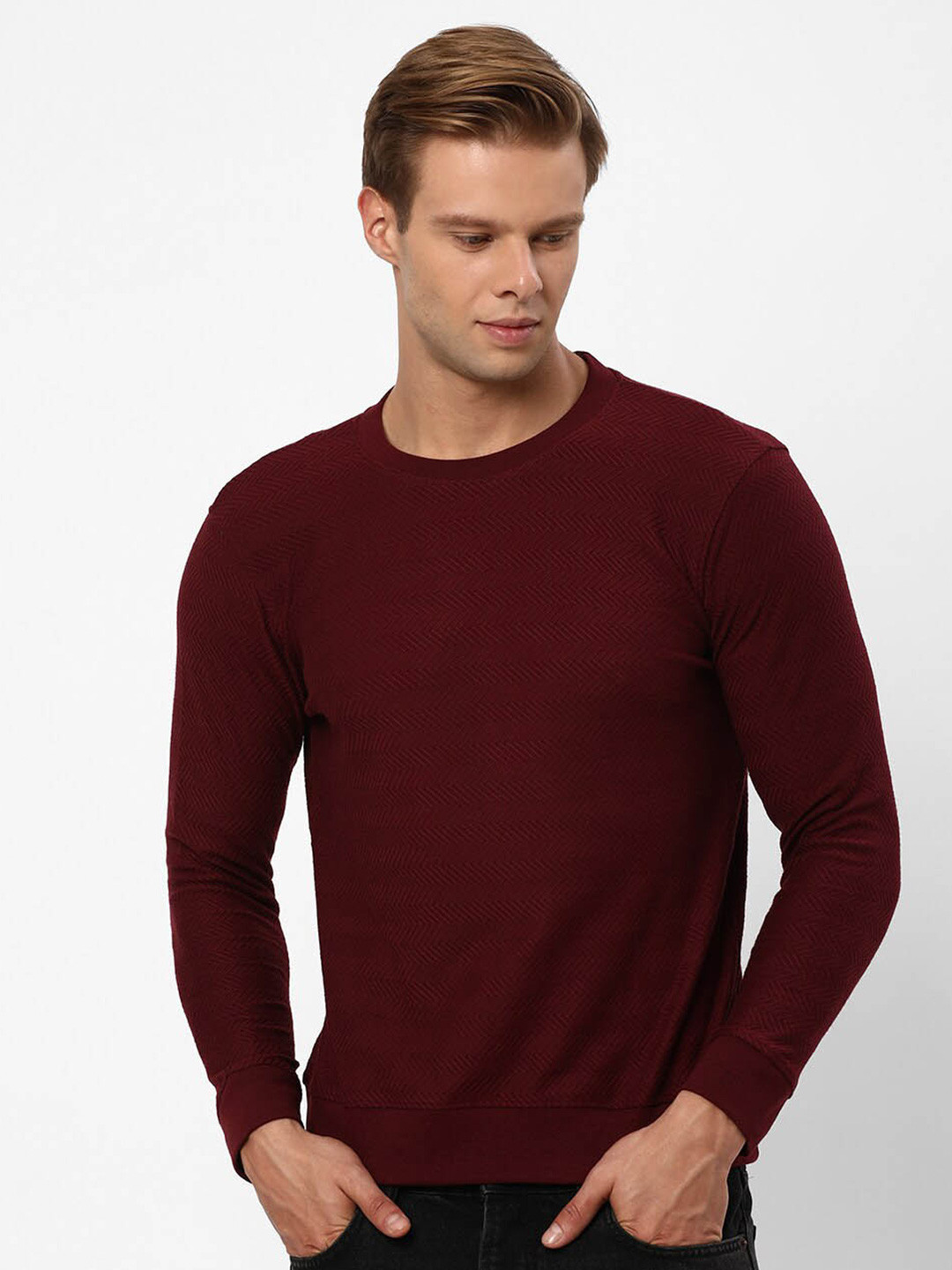 

R&B Round Neck Long Sleeves T-shirt, Maroon