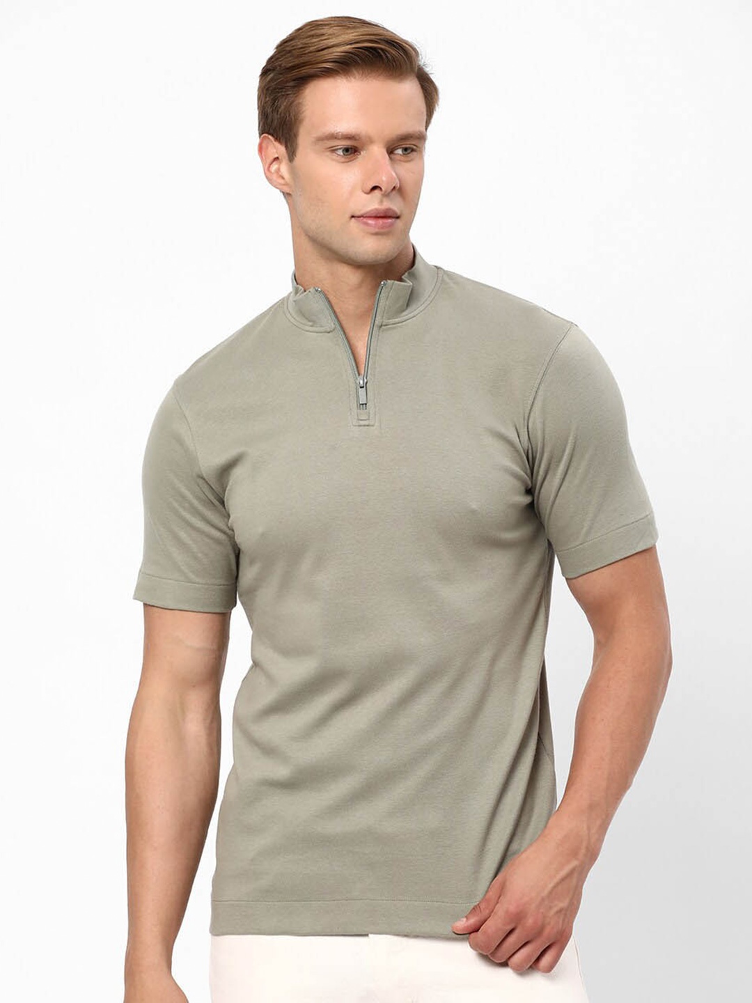 

R&B High Neck Slim Fit Cotton T-shirt, Green