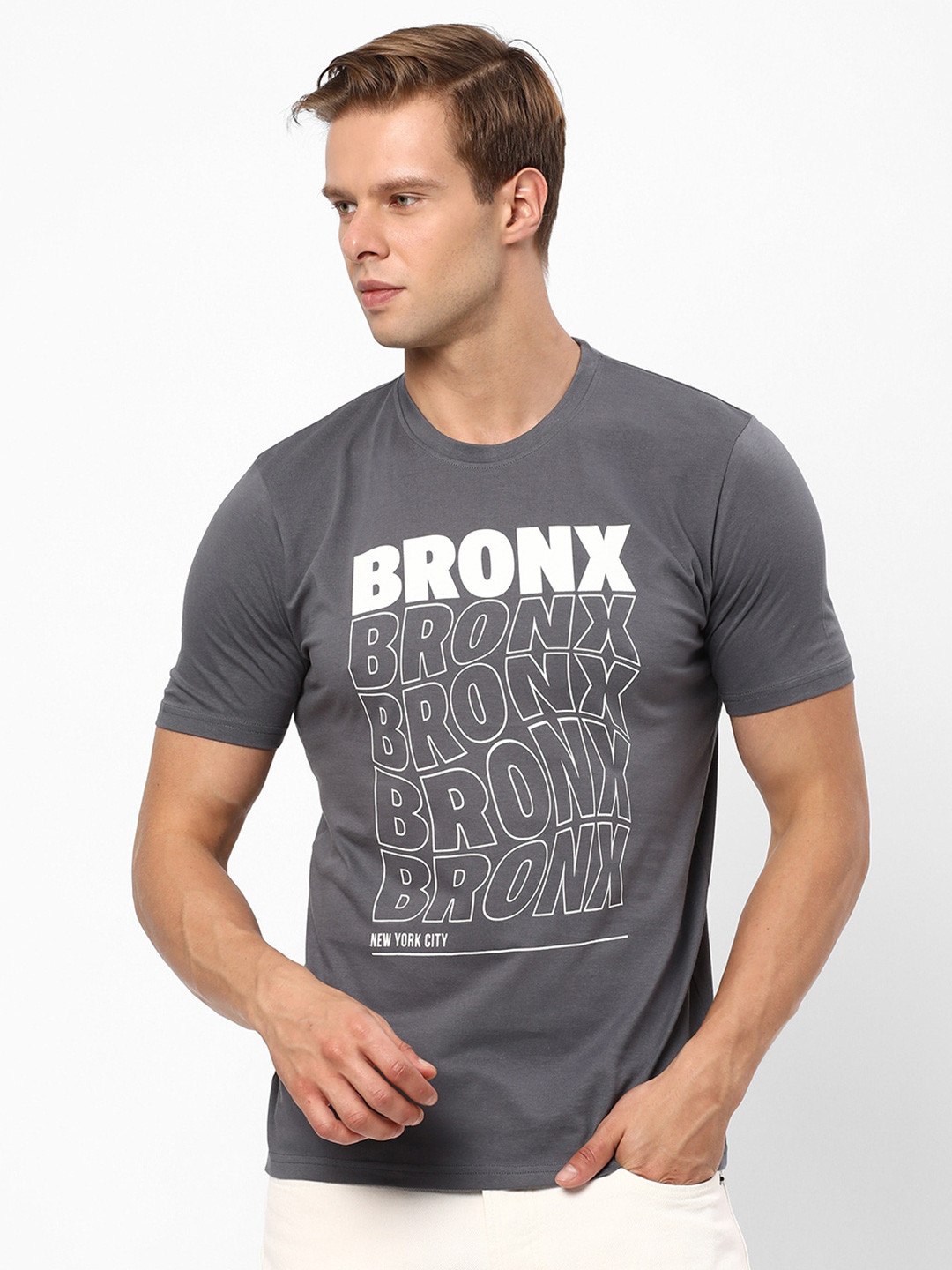 

R&B Typography Printed Cotton T-shirt, Grey