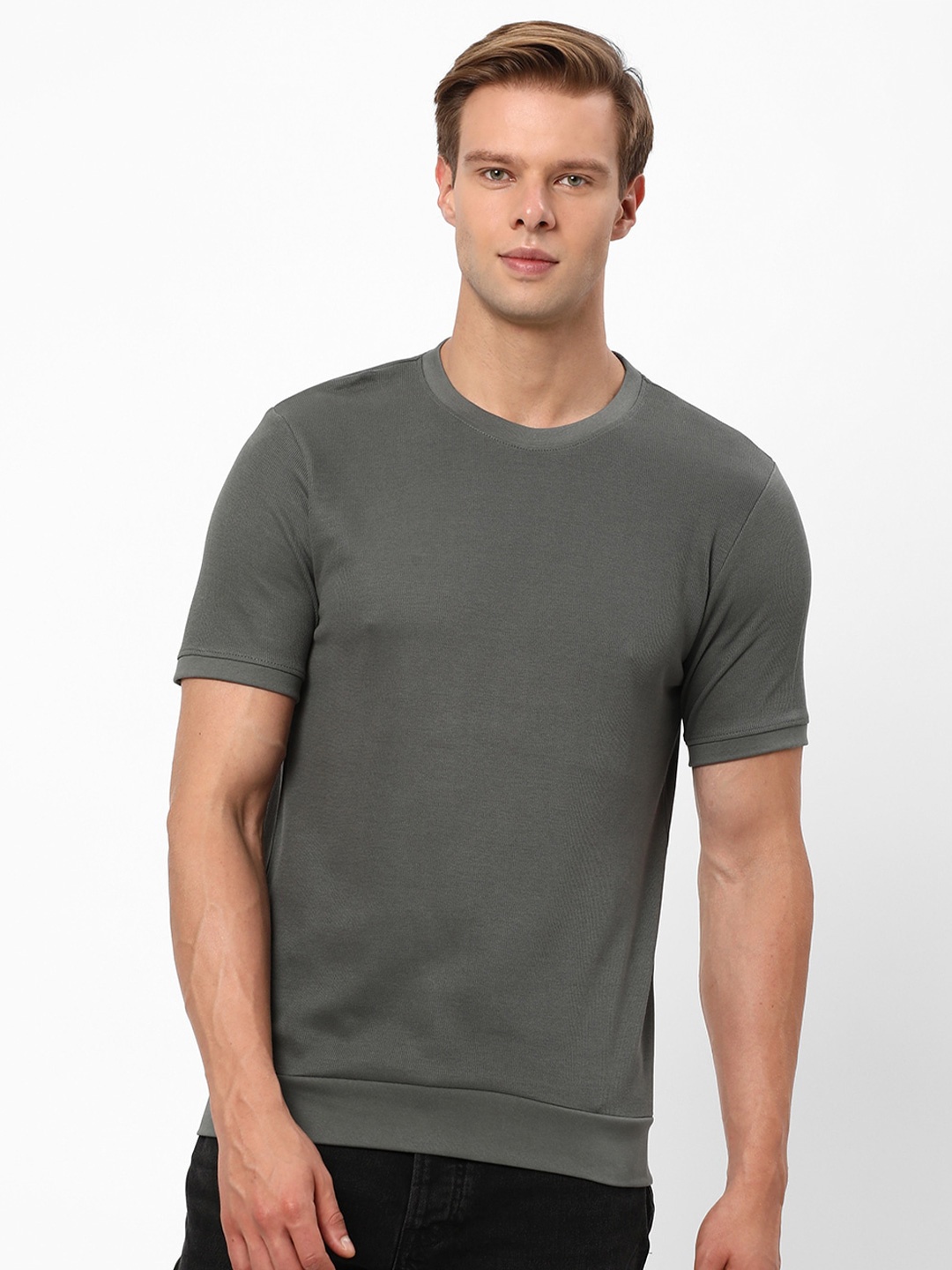 

R&B Round Neck Short Sleeves Cotton T-shirt, Green