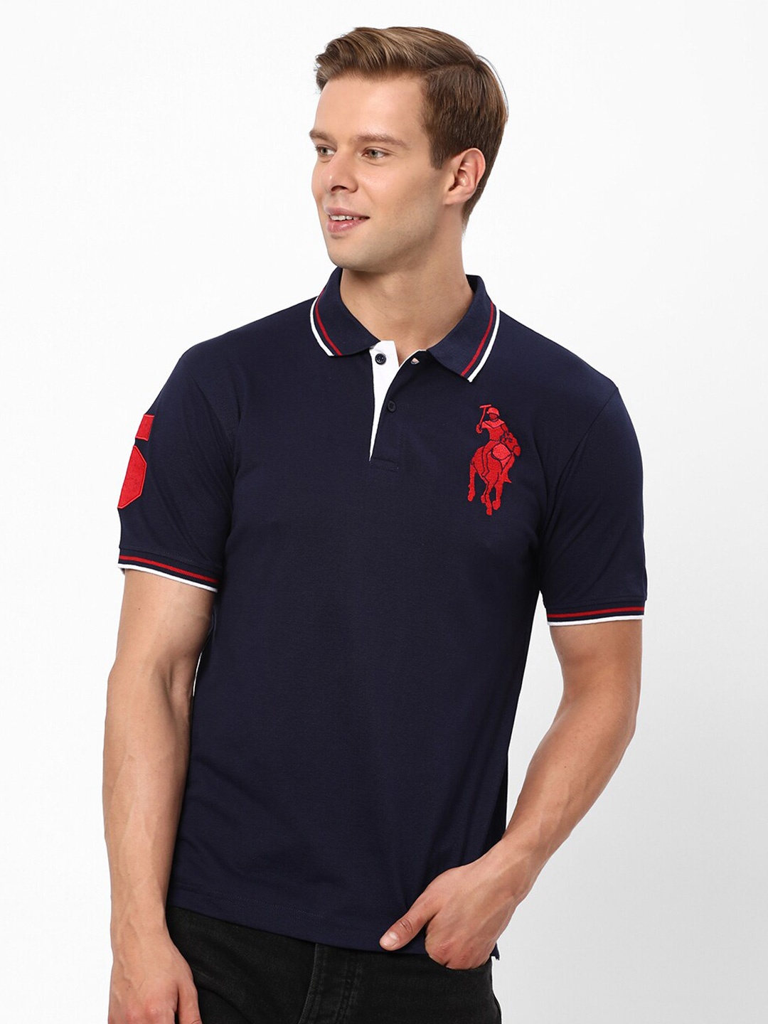 

R&B Short Sleeves Applique Detail Polo Collar Cotton T-shirt, Navy blue
