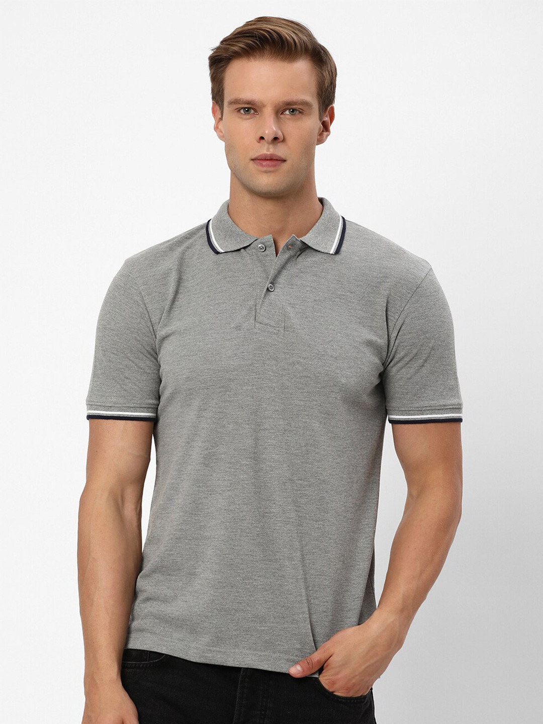 

R&B Short Sleeves Polo Collar Cotton T-shirt, Grey