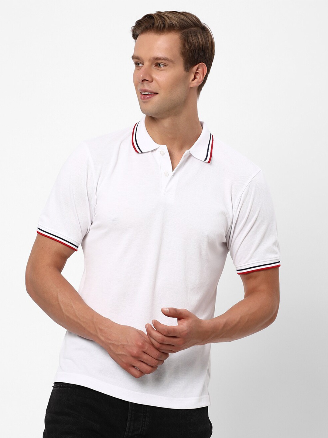 

R&B Short Sleeves Polo Collar Cotton T-shirt, White