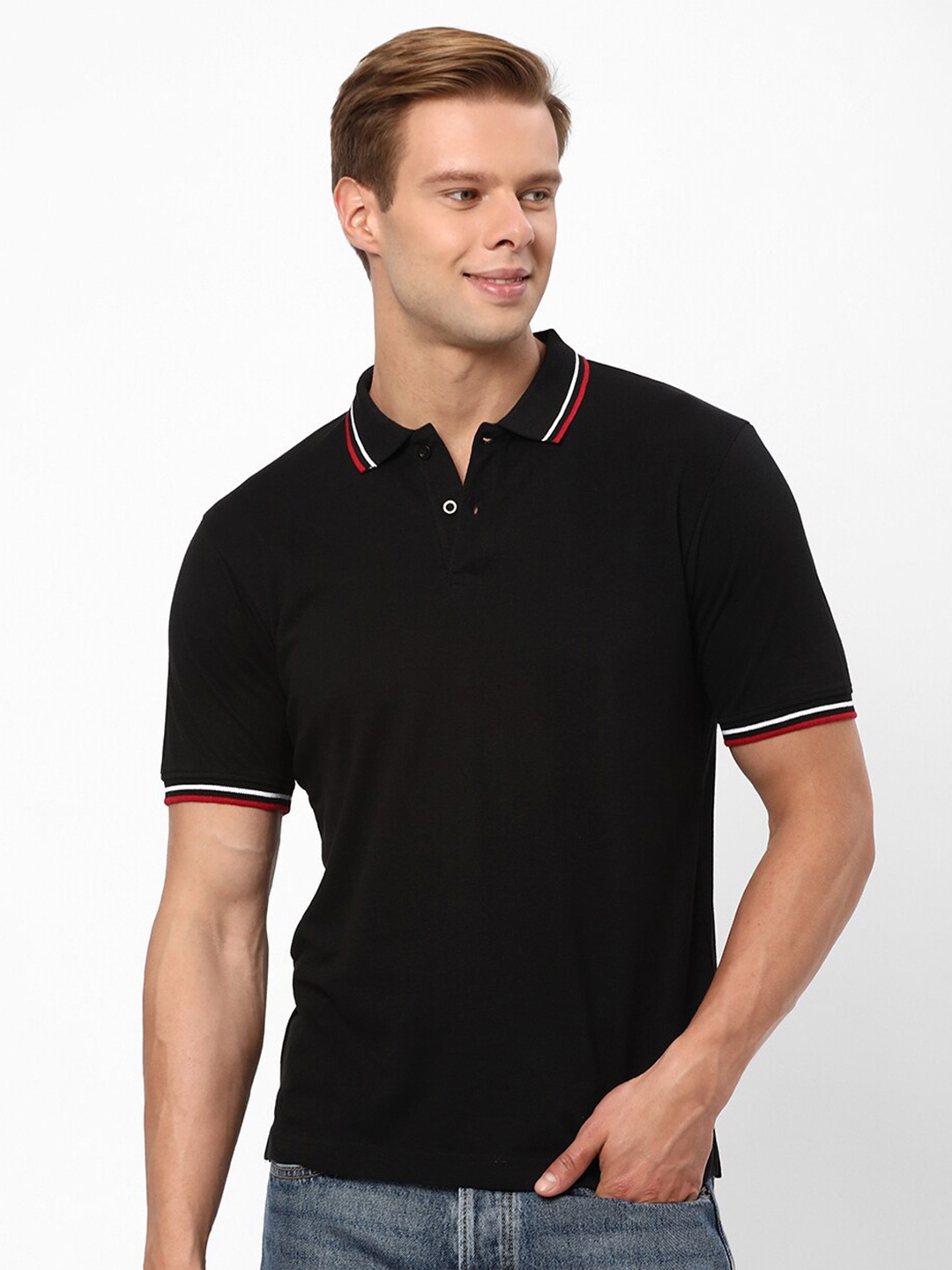 

R&B Short Sleeves Polo Collar Cotton T-shirt, Black