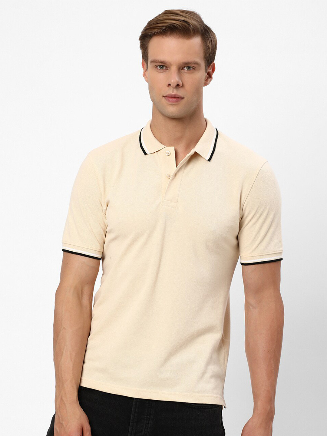 

R&B Polo Collar Cotton T-shirt, Beige