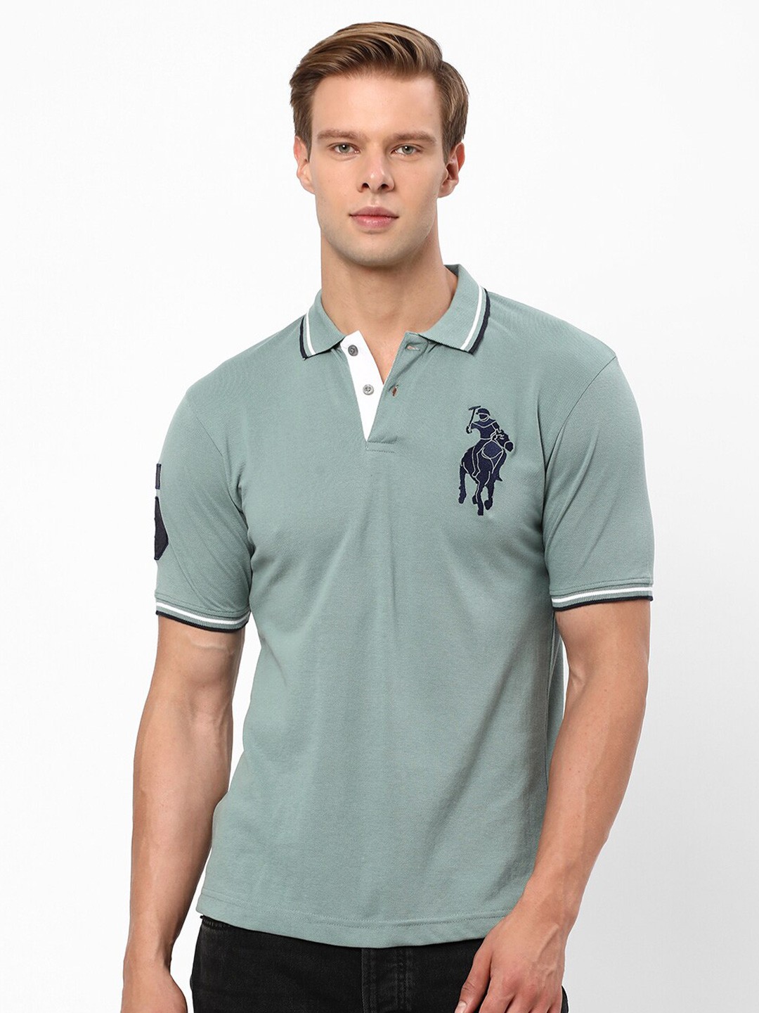 

R&B Applique Detail Polo Collar Cotton T-shirt, Green