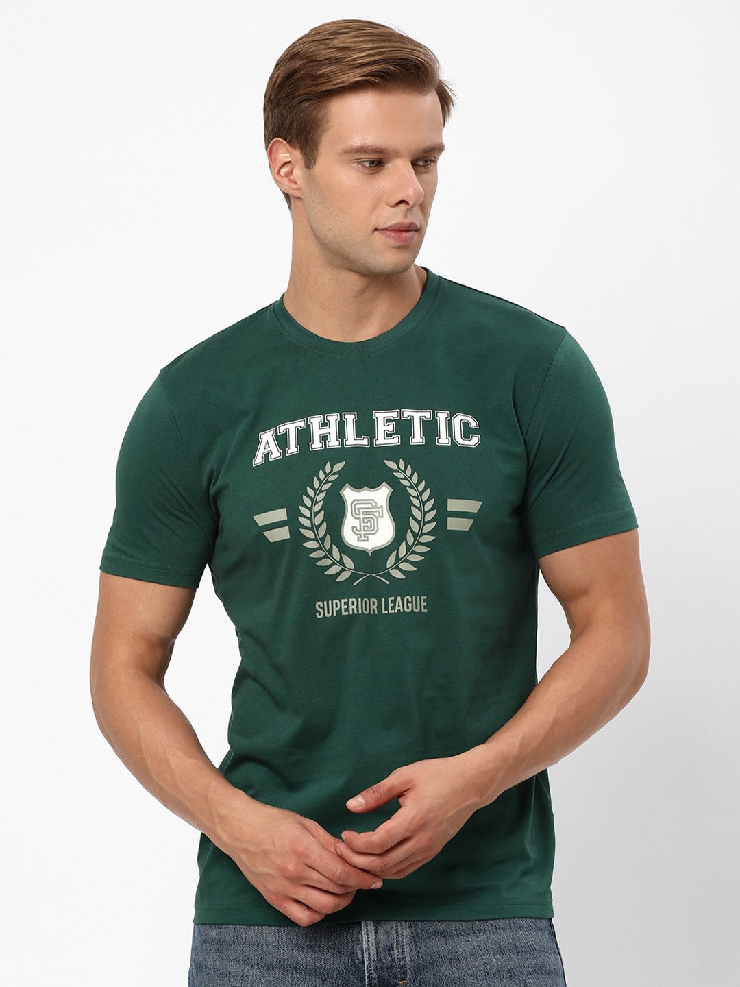 

R&B Typography Printed Round Neck Cotton T-shirt, Green