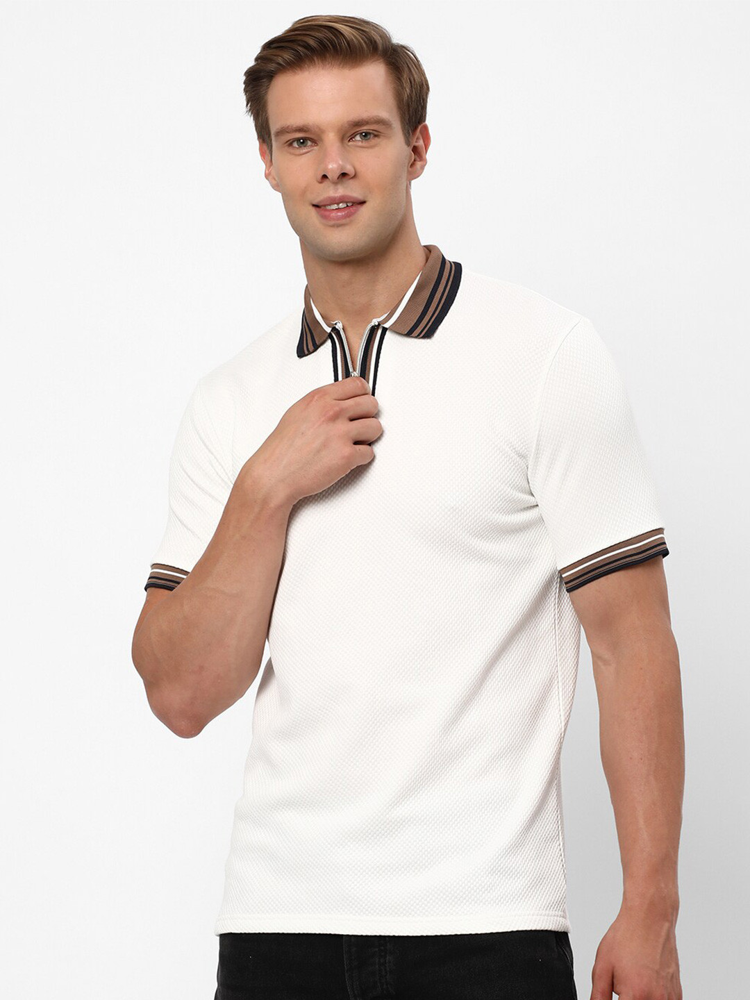 

R&B Polo Collar Short Sleeves Cotton T-shirt, White