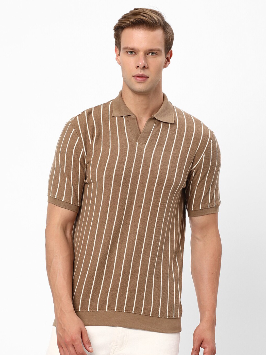 

R&B Striped Polo Collar T-shirt, Brown