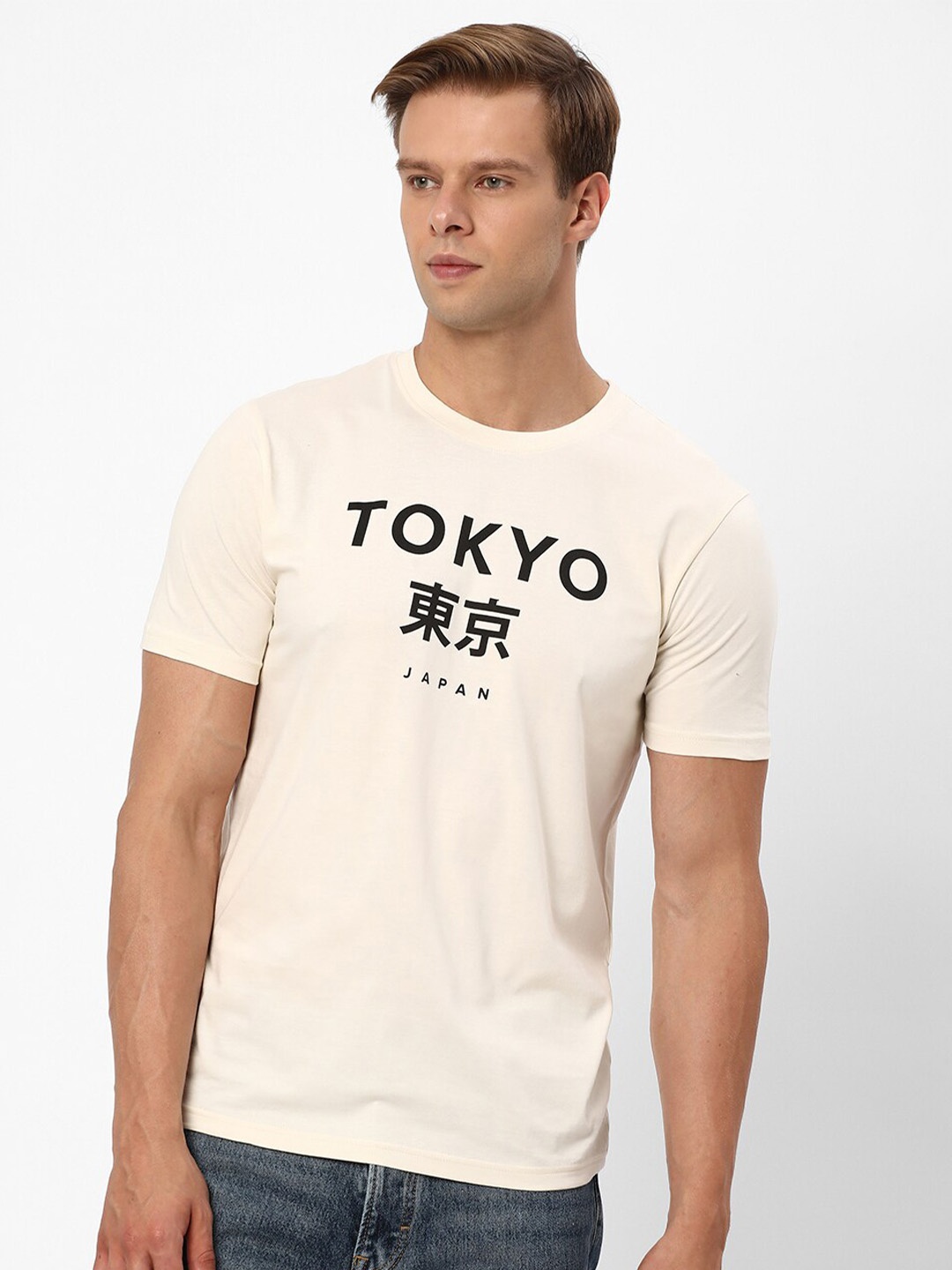 

R&B Typography Printed Cotton T-shirt, Beige