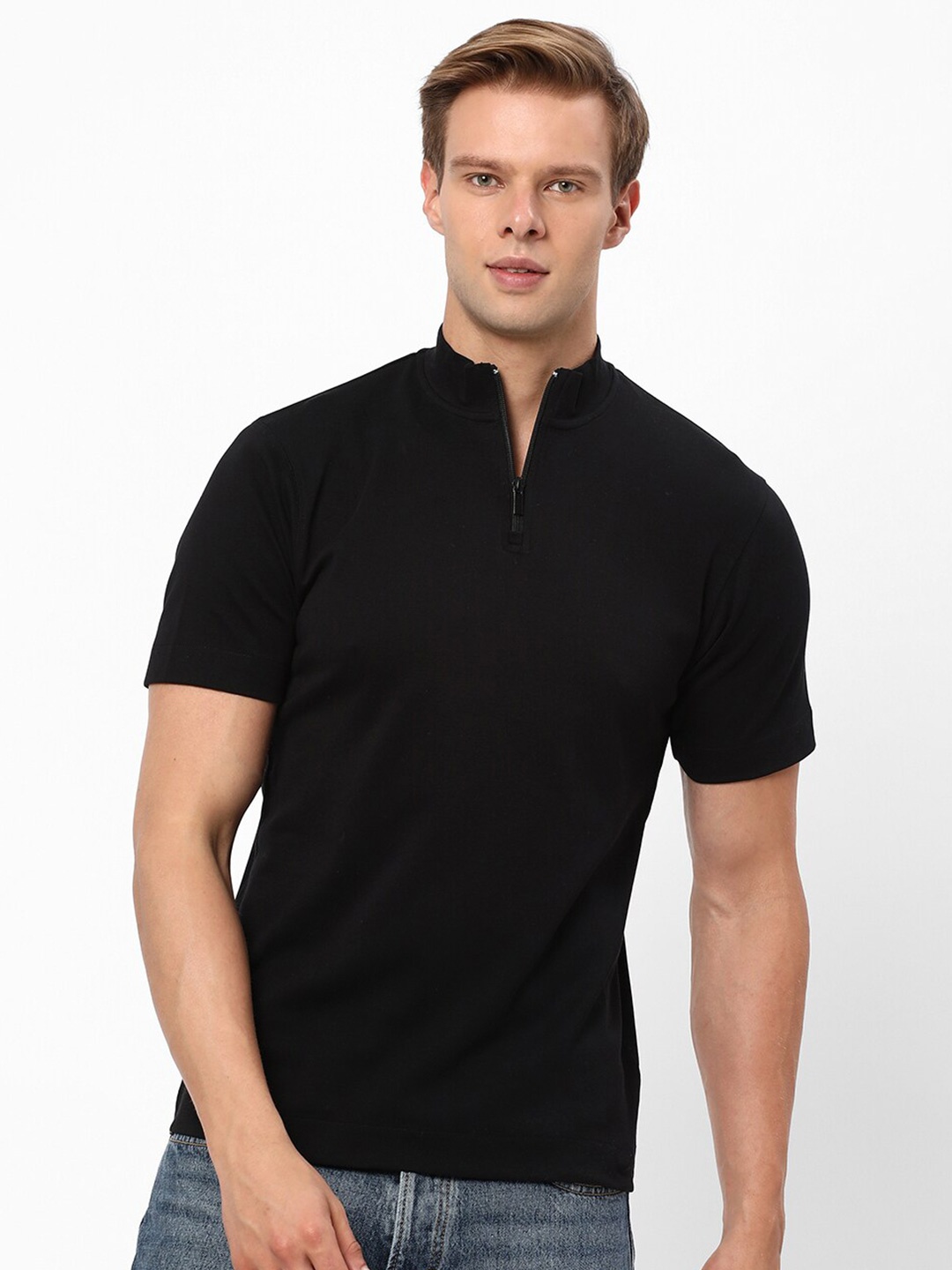 

R&B High Neck Cotton Slim Fit T-shirt, Black
