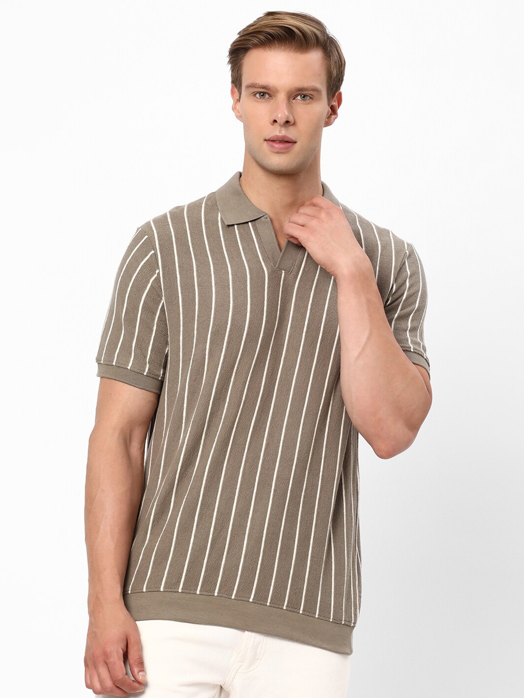 

R&B Striped Polo Collar Cotton T-shirt, Beige