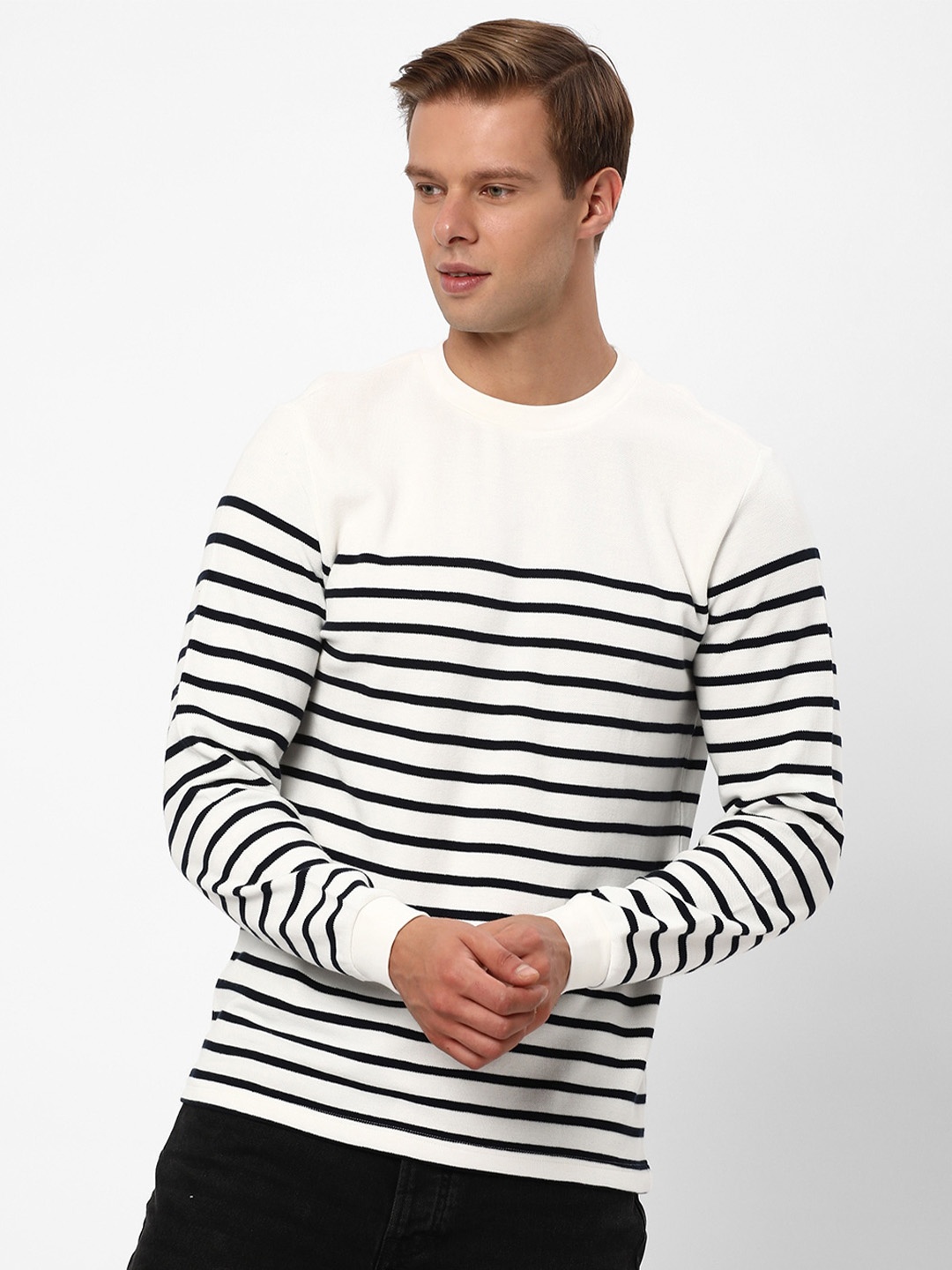 

R&B Striped Round Neck Cotton T-shirt, White