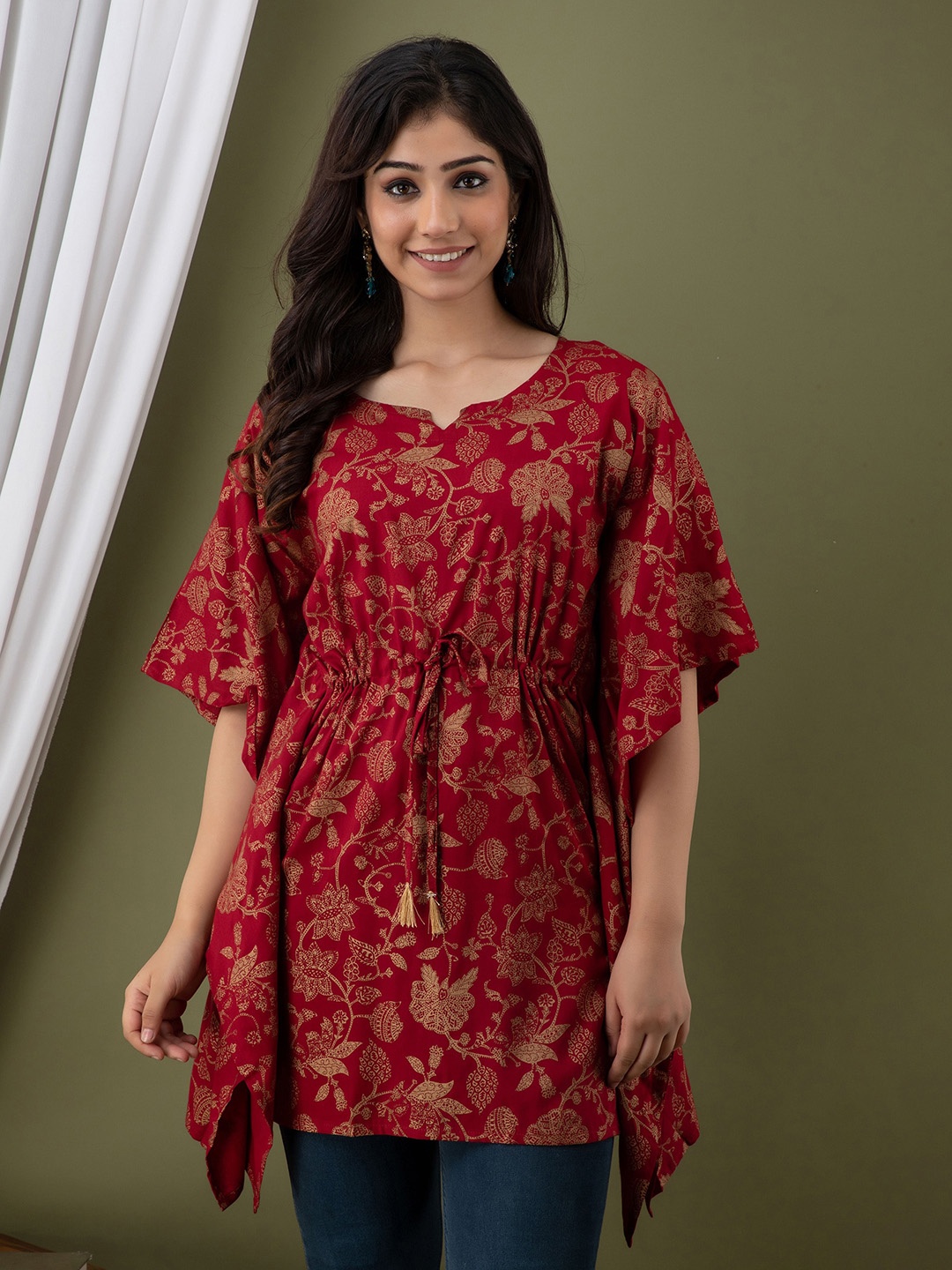 

Mialo fashion Ethnic Motifs Printed Flared Sleeves Pleated Kaftan Kurti, Red