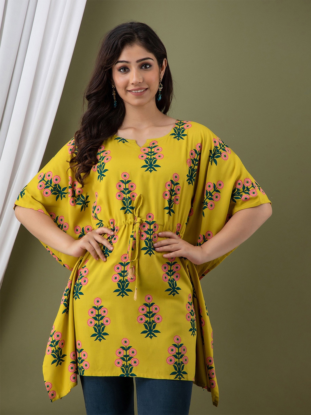 

Mialo fashion Floral Printed Round Neck Kimono Sleeve Kaftan Kurti, Yellow