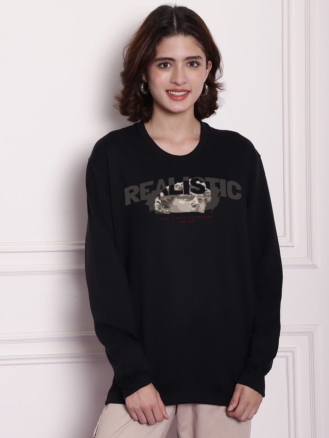 

Imsa Moda Typography Printed Drop Shoulder Sleeves Oversized Pullover, Black