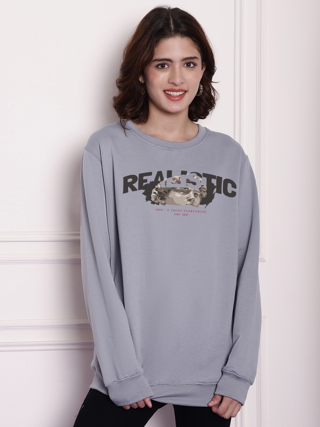 

Imsa Moda Printed Oversized Fleece Sweatshirt, Grey