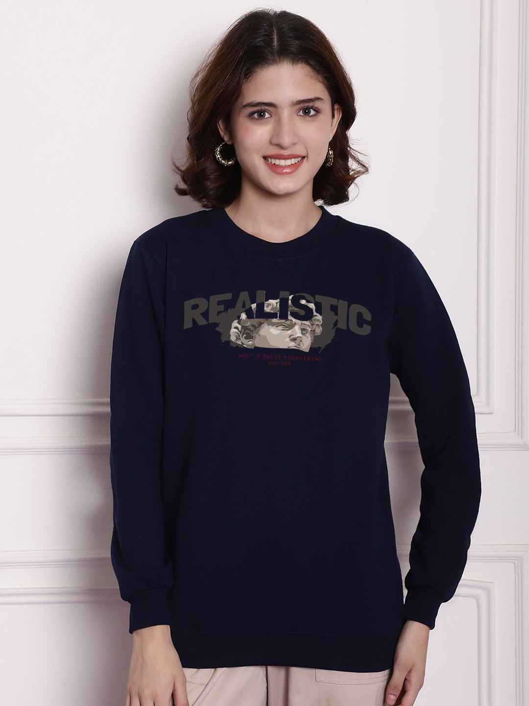 

Imsa Moda Typography Printed Oversized Pullover Sweatshirt, Navy blue