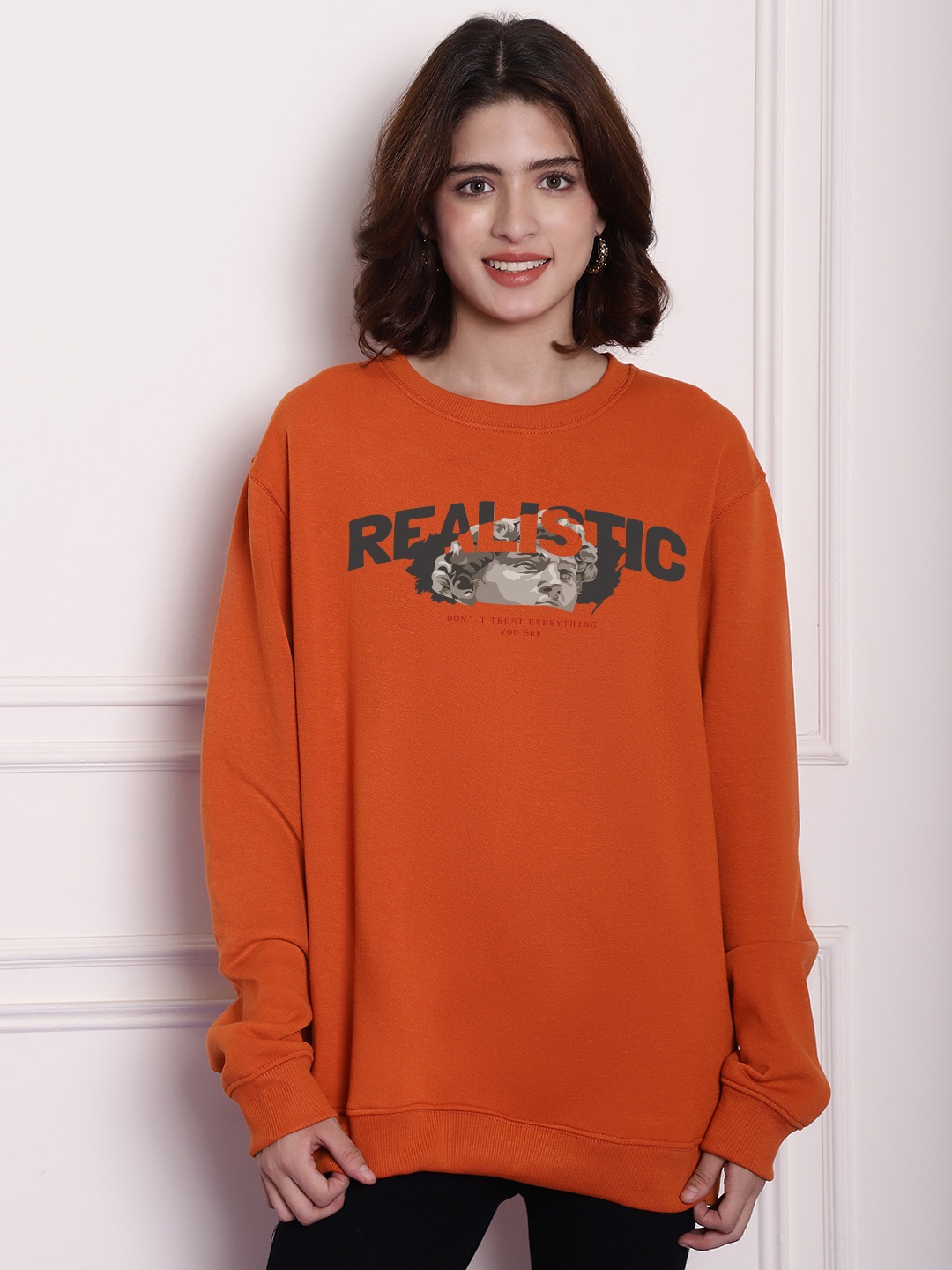 

Imsa Moda Typography Printed Oversized Longline Fleece Sweatshirt, Orange