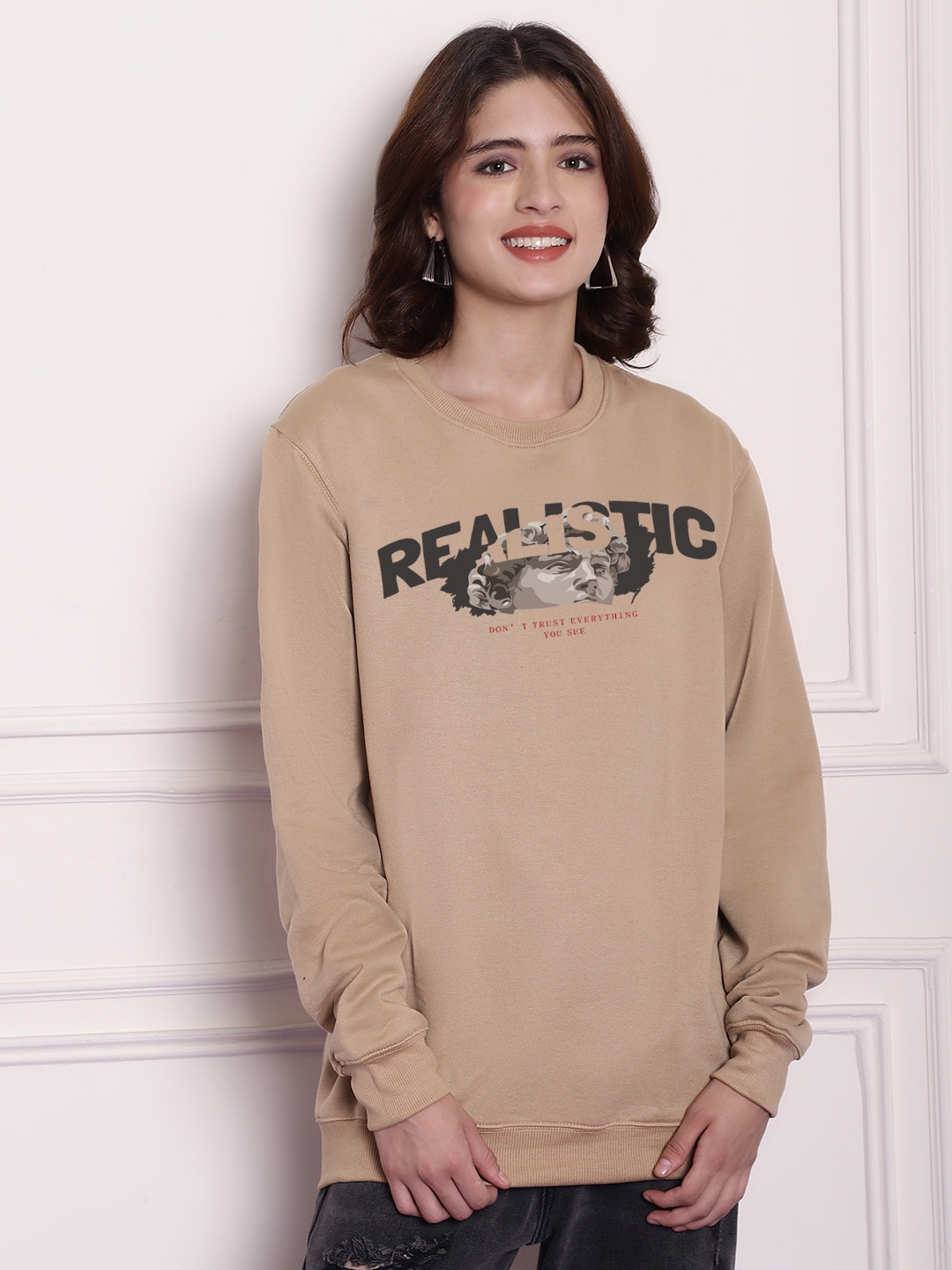 

Imsa Moda Typography Printed Pullover Ribbed Sweatshirt, Beige