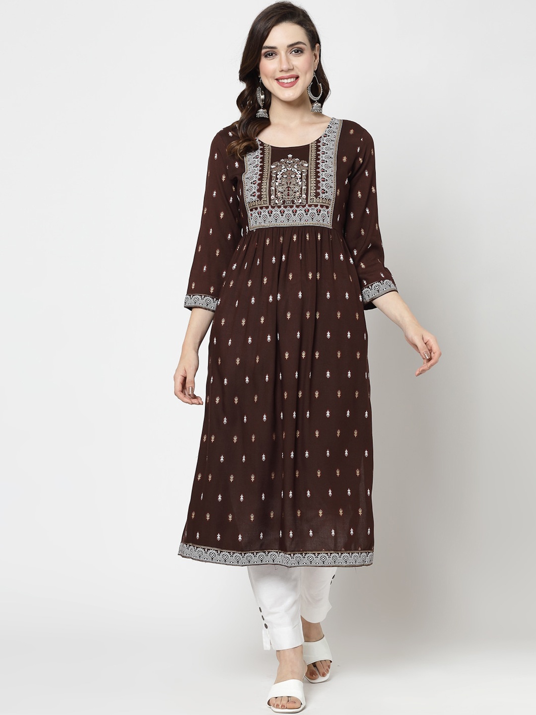 

KALINI Ethnic Motifs Printed Pleated A-Line Kurta, Coffee brown