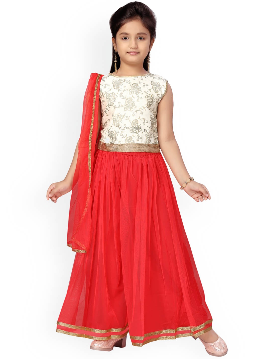 

Aarika Girls Ethnic Motifs Printed Pure Cotton Top & Palazzos With Net Dupatta, Cream