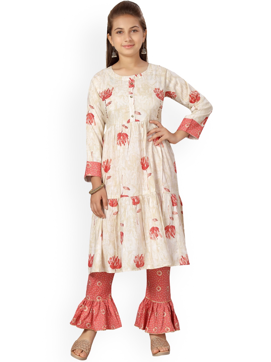 

Aarika Girls Ethnic Motifs Printed Pure Cotton Anarkali Kurta With Trousers, Off white