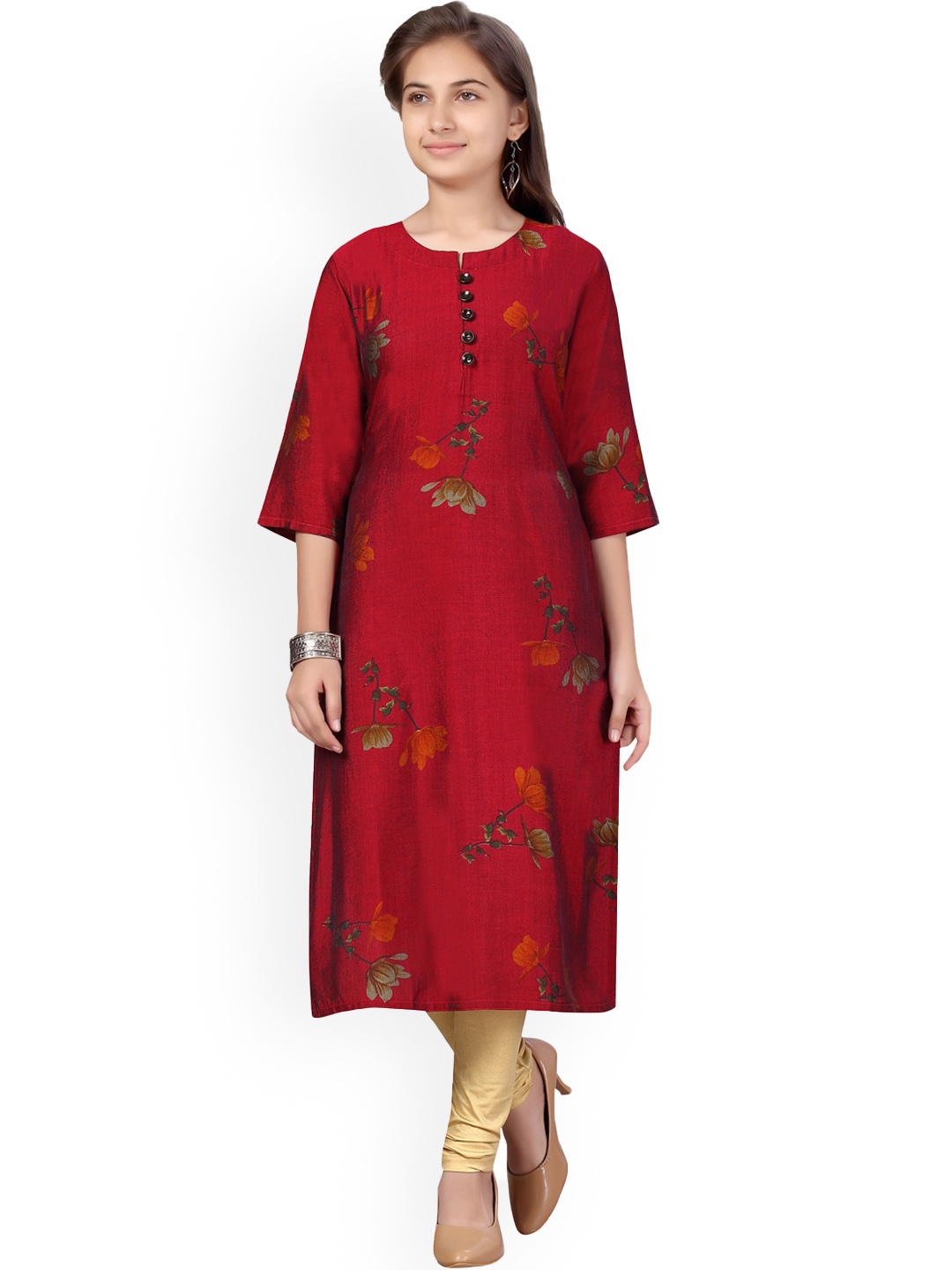 

Aarika Girls Floral Printed Cotton Straight Kurta, Maroon