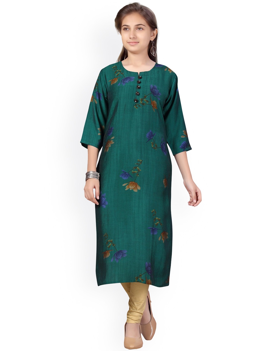 

Aarika Girls Floral Printed Straight Regular Cotton Kurta, Green