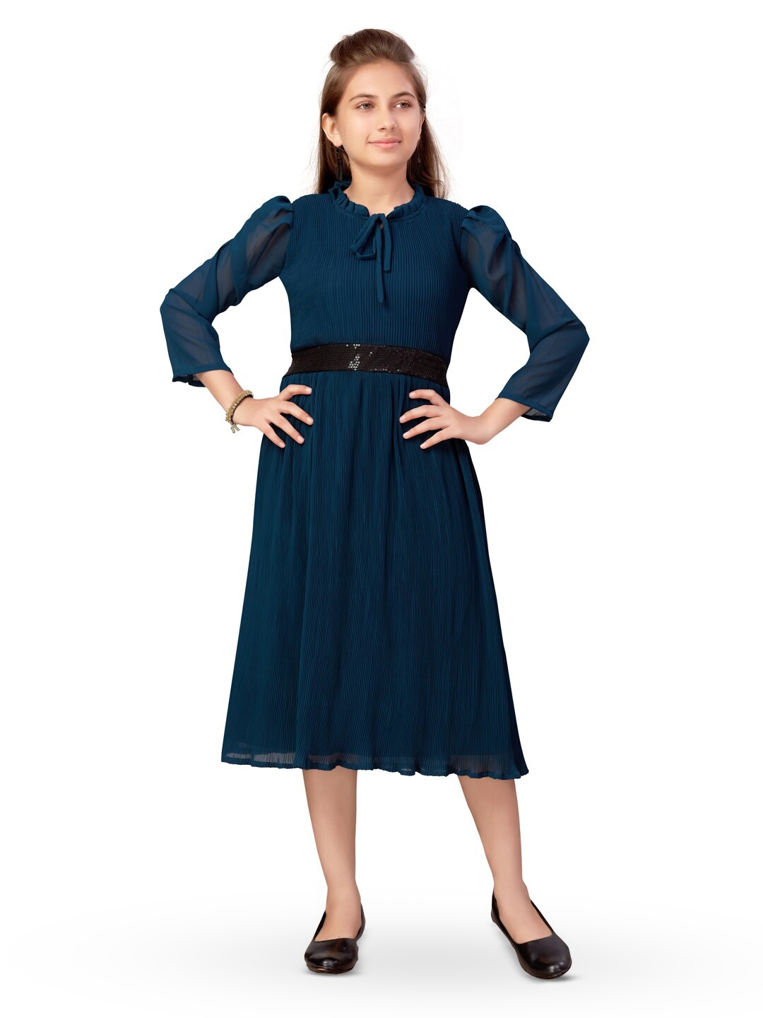

Aarika Girls Tie-Up Neck Puff Sleeves Fit & Flare Midi Dress, Teal