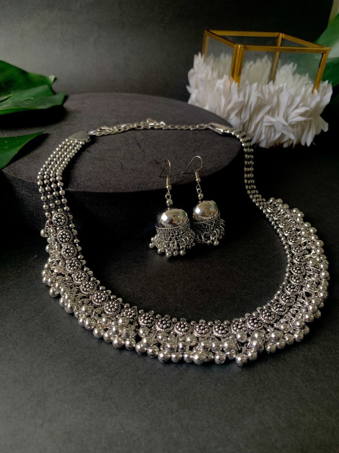 

I Jewels Silver-Plated Oxidised Ghungroo Jewellery Set
