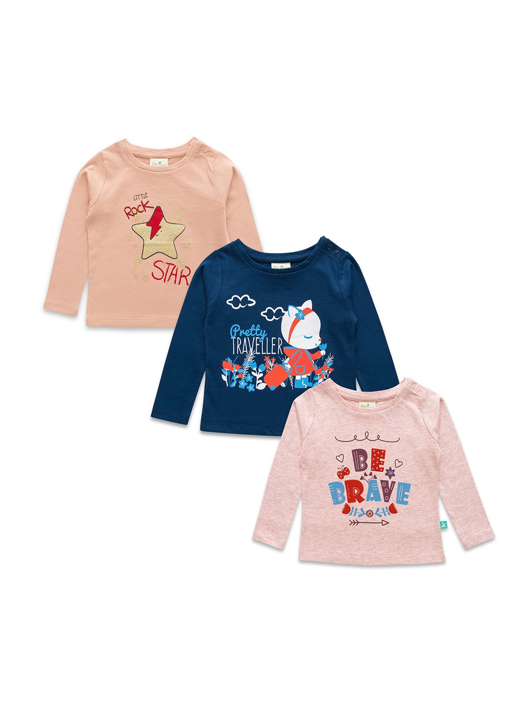 

JusCubs Infants Girls Pack Of 3 Graphic Printed Cotton T-Shirts, Peach