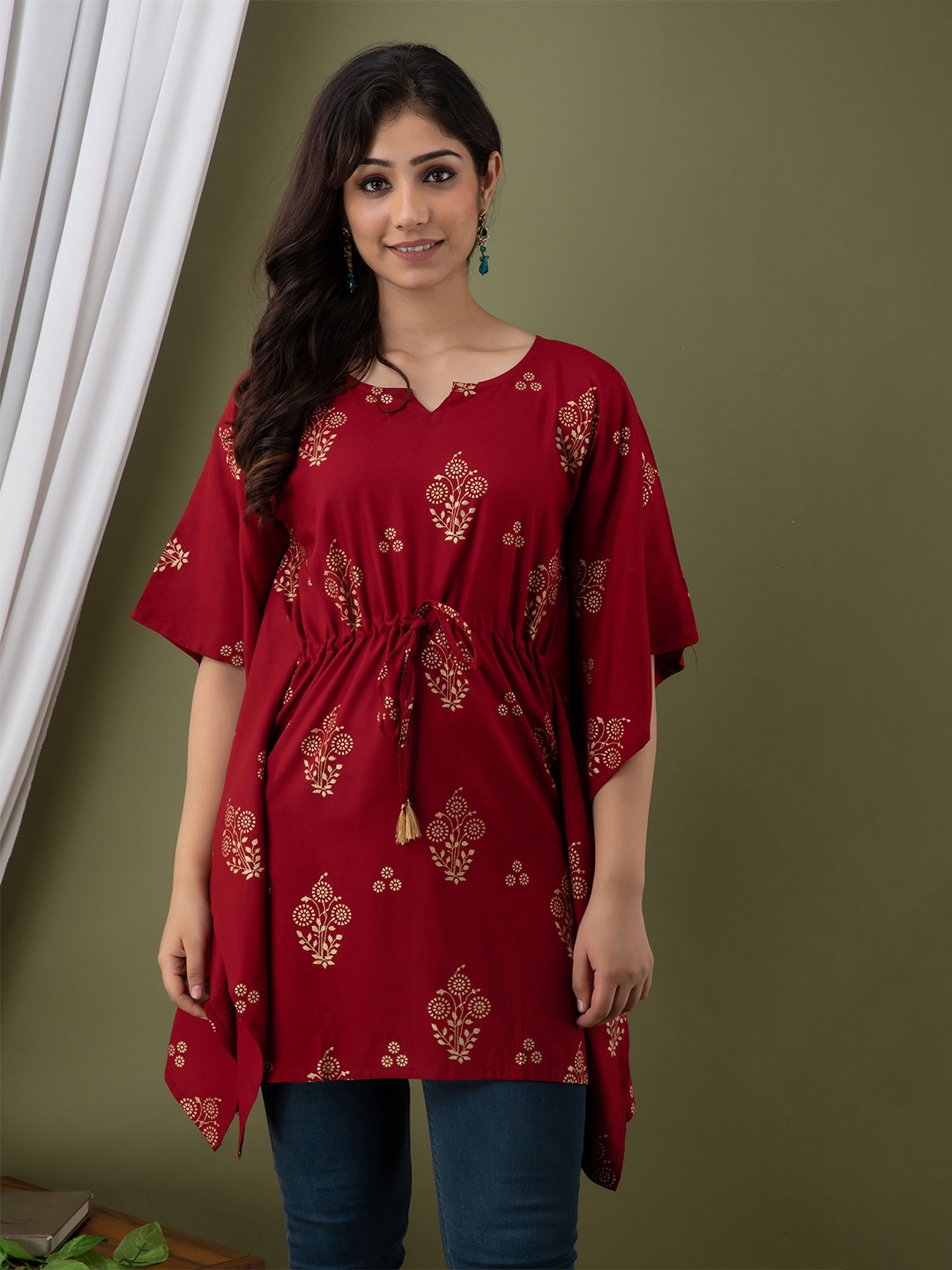 

Mialo fashion Ethnic Motifs Printed Flared Sleeves Pleated Kaftan Kurti, Red