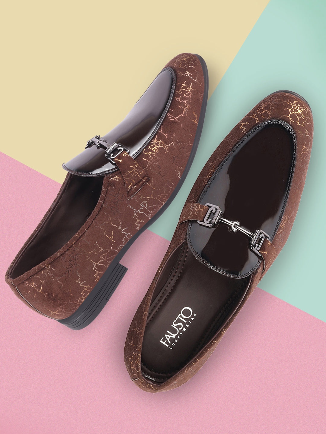 

FAUSTO Men Printed Velvet Horsebit Loafers, Brown