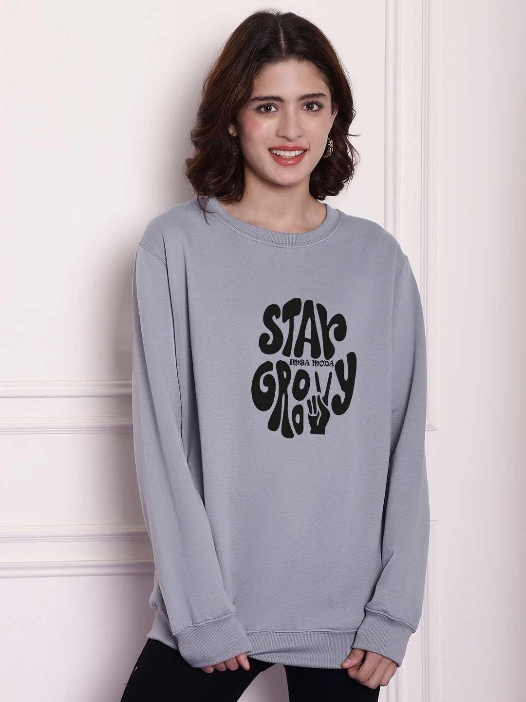 

Imsa Moda Typography Printed Fleece Oversized Pullover, Grey