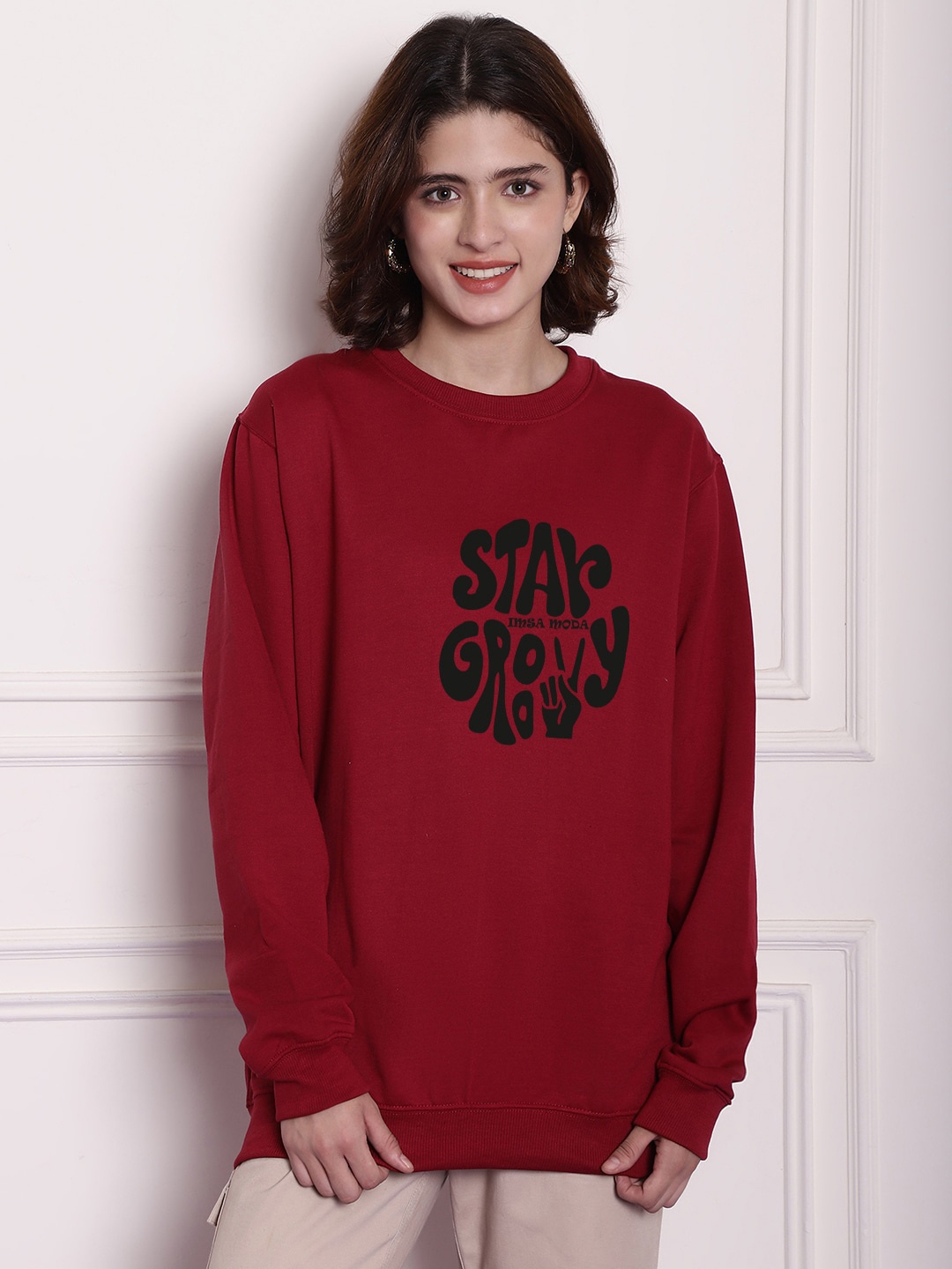 

Imsa Moda Typography Printed Fleece Oversized Pullover, Maroon