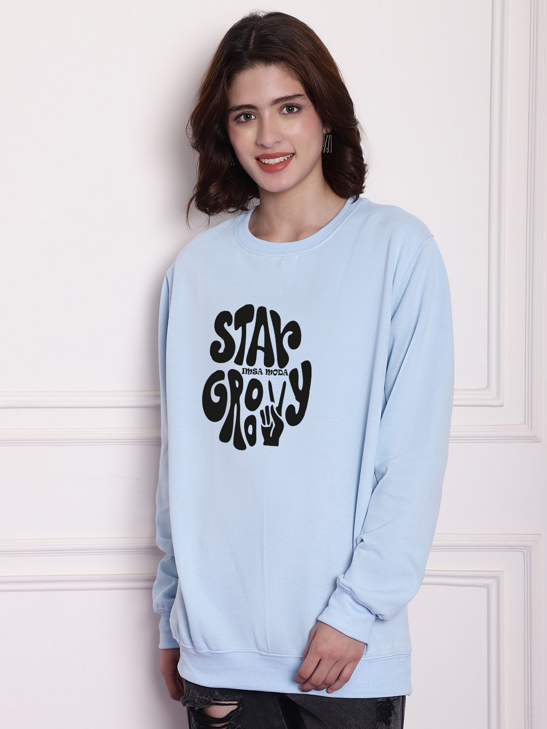 

Imsa Moda Typography Printed Fleece Oversized Pullover, Blue