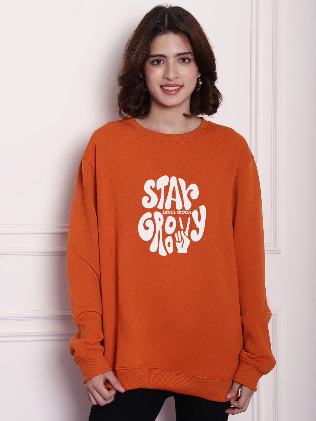 

Imsa Moda Typography Printed Drop Shoulder Sleeves Oversized Pullover, Orange