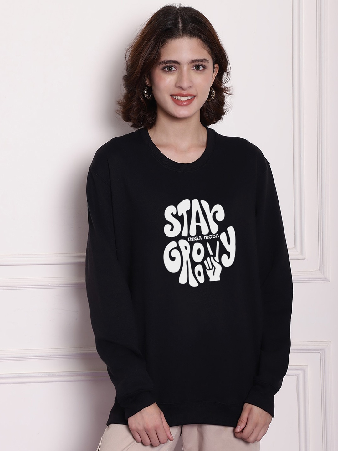 

Imsa Moda Typography Printed Drop Shoulder Sleeves Oversized Pullover, Black