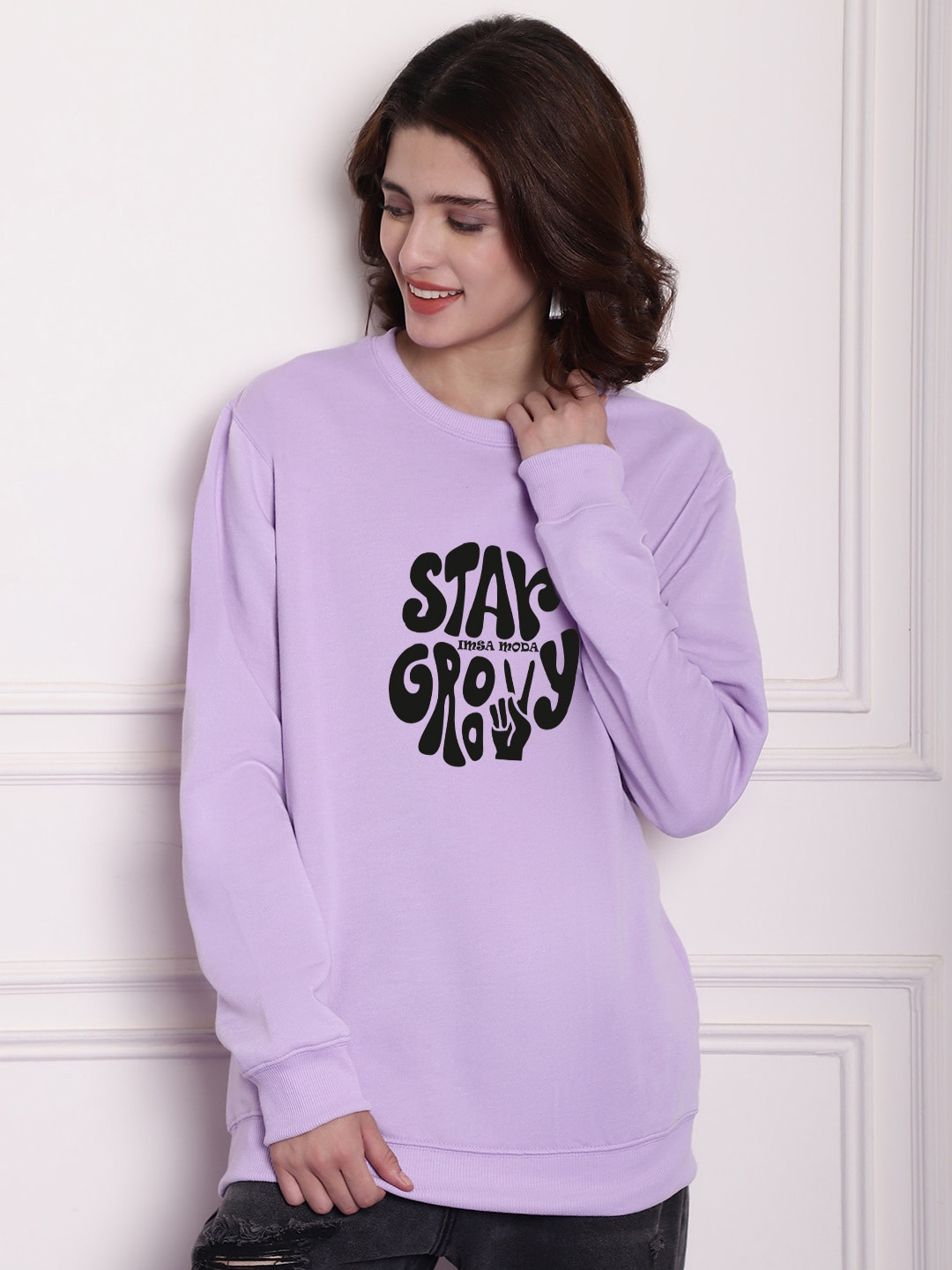 

Imsa Moda Typography Printed Drop Shoulder Sleeves Oversized Pullover, Lavender