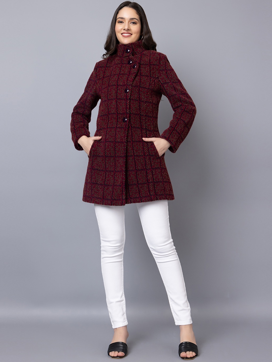 

PROTEX Checked Single-Breasted Overcoat, Maroon