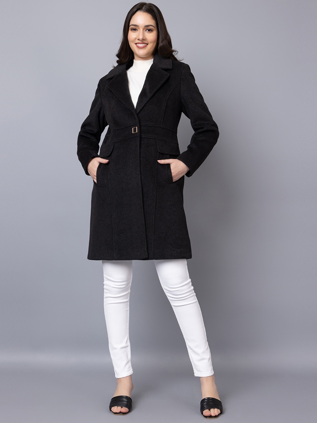 

PROTEX Notched Lapel Single-Breasted Overcoat, Black