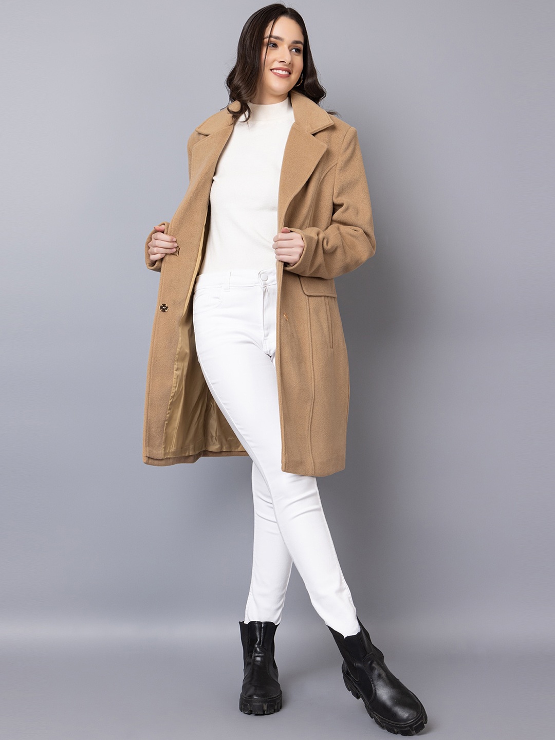 

PROTEX Notched Lapel Single-Breasted Overcoat, Camel brown
